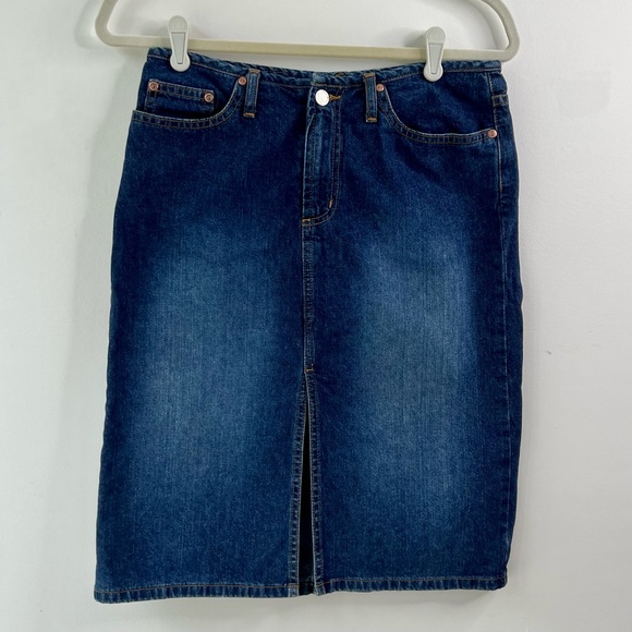 Vintage Y2K high waisted jeans skirt below knee front slit dark denim Sz3 - Picture 13 of 14